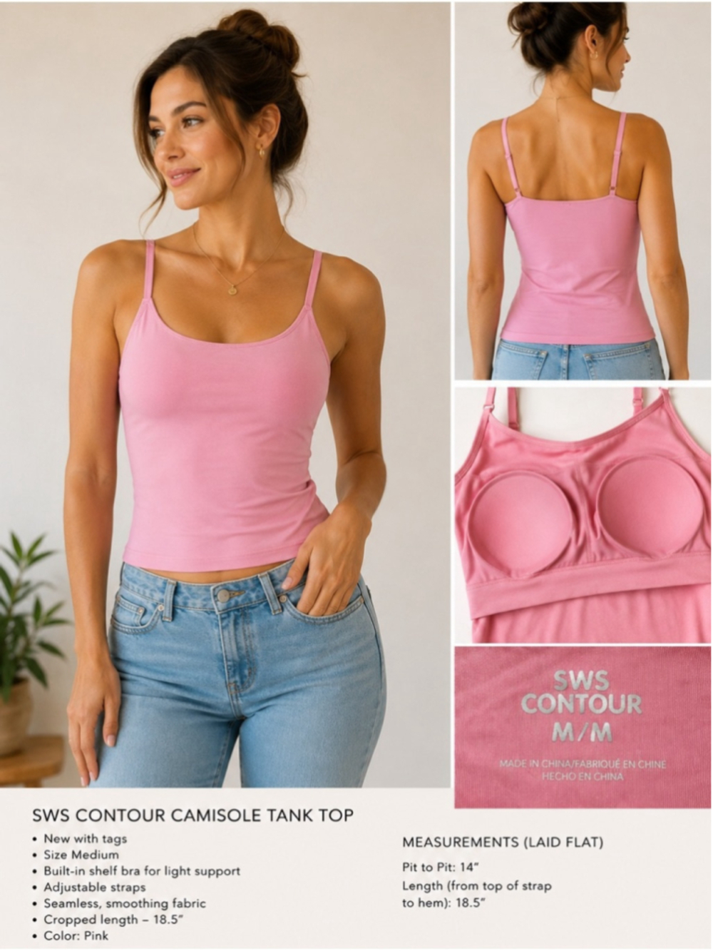 SWS Contour Pink Camisole Tank Top with Built-In Shelf Bra Size M Minimalist